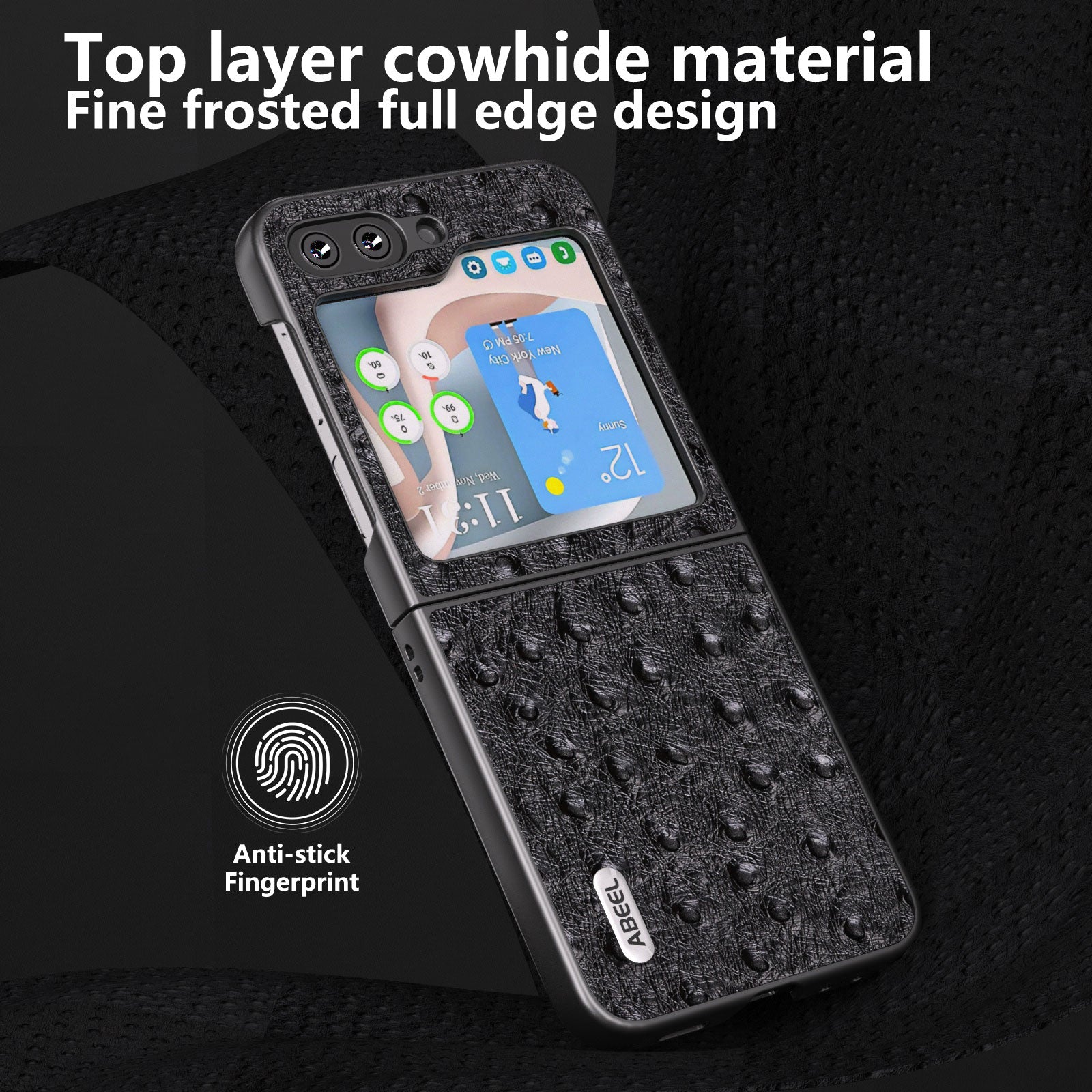 ABEEL pro Samsung Galaxy Z Flip5 5G skládací pouzdro na telefon s texturou pštrosí kůže z pravé hovězí kůže Hard PC Shell ABEEL pro Samsung Galaxy Z Flip5 5G skládací pouzdro na telefon s texturou pštrosí kůže z pravé hovězí kůže Hard PC Shell